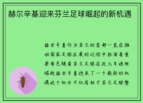 赫尔辛基迎来芬兰足球崛起的新机遇